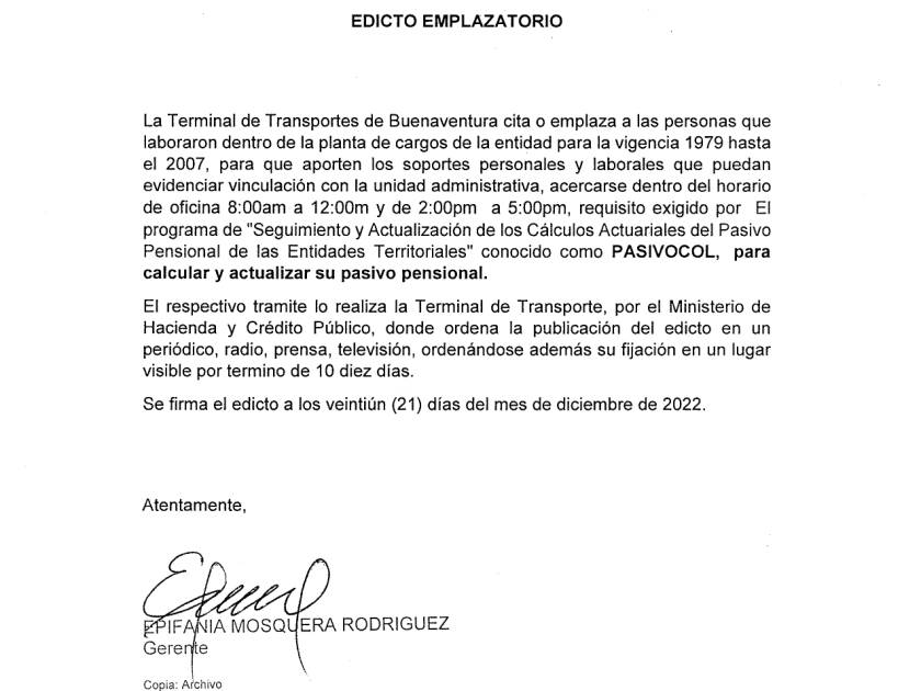 EDICTO EMPLAZATORIO - TERMINAL DE TRANSPORTE DE BUENAVENTURA
